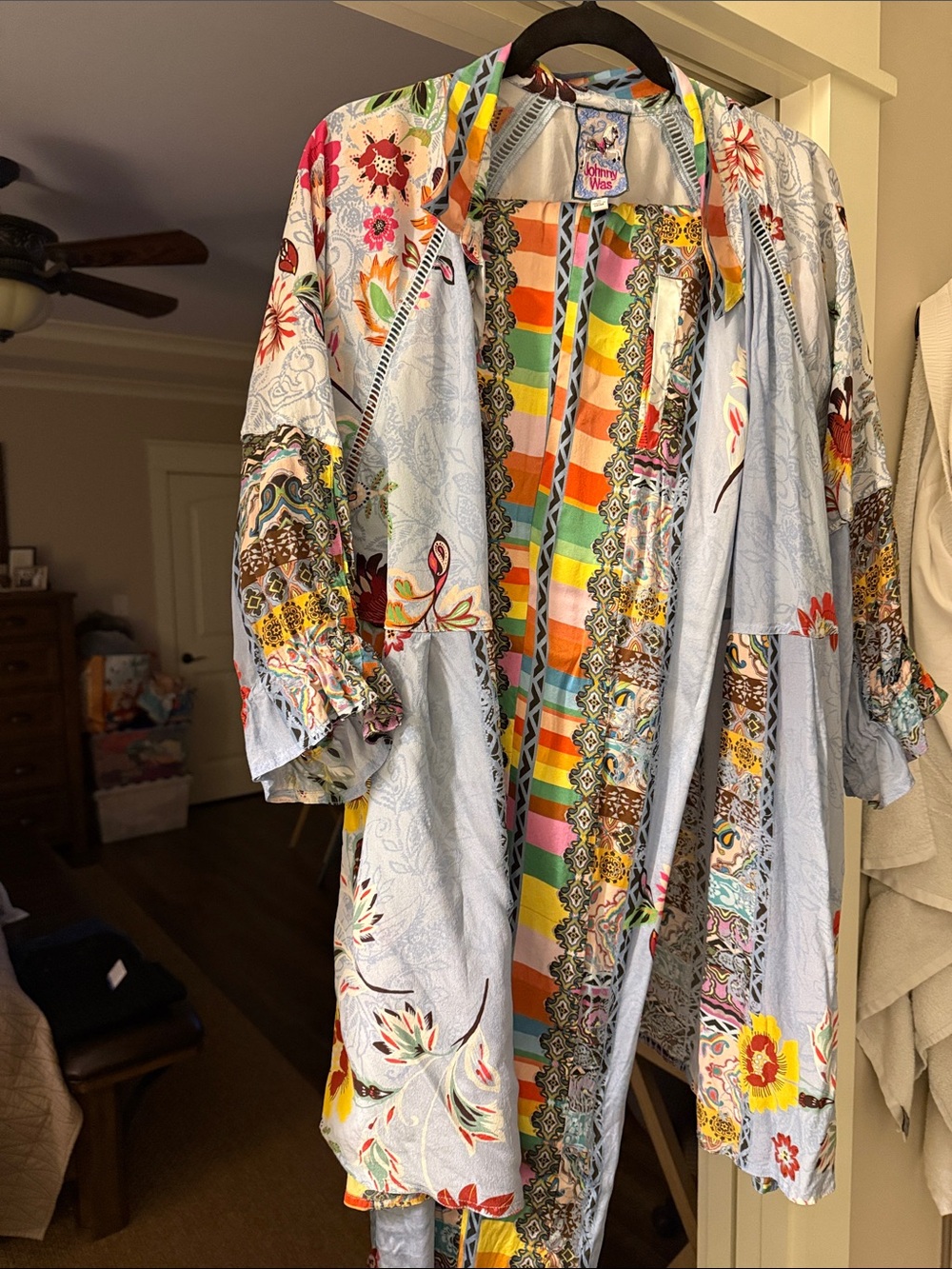 Johnny Was Light Blue Floral Patchwork Duster Jacket and pants.